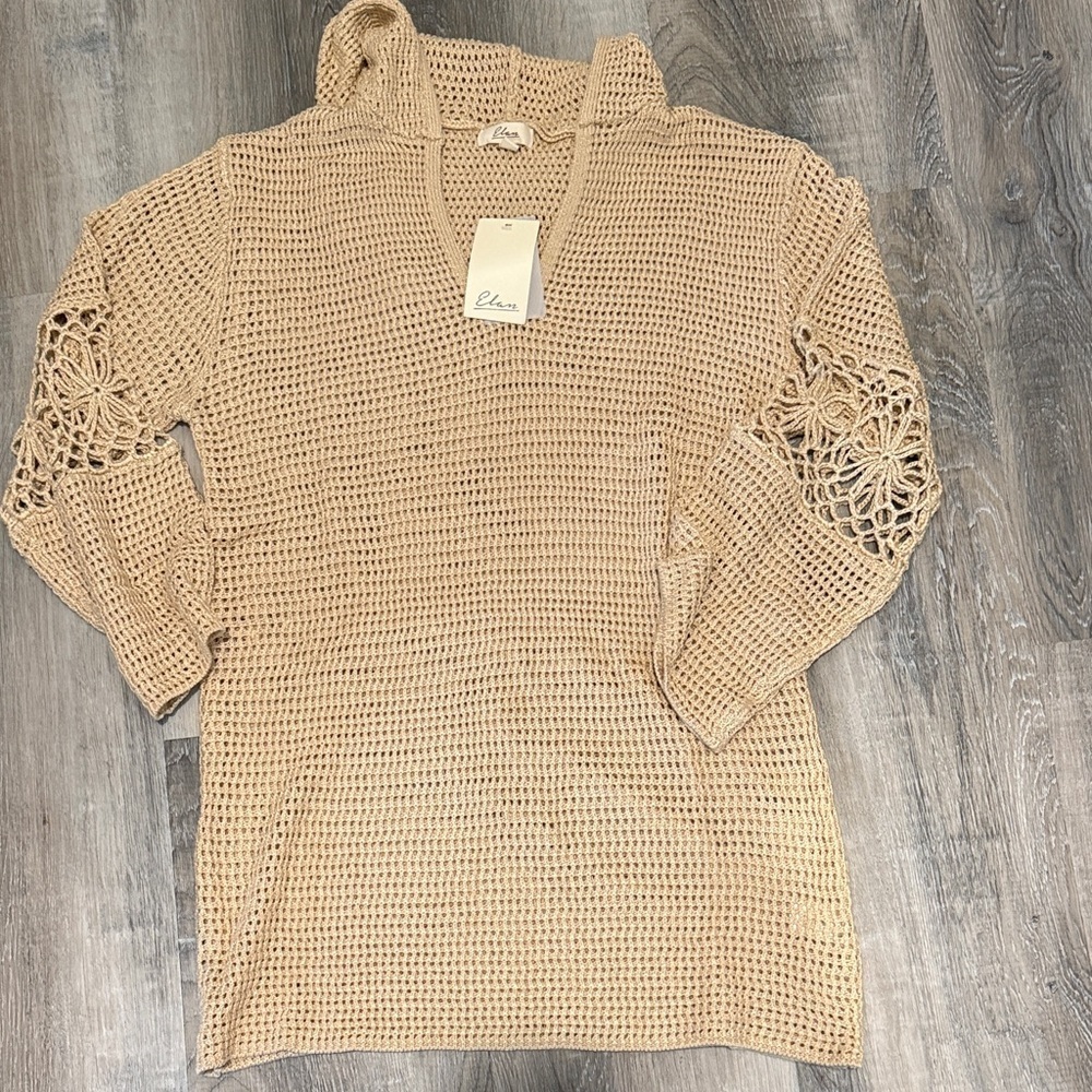 NWT Elan Beige Knit Sweater with Lace crochet Sleeves sz m